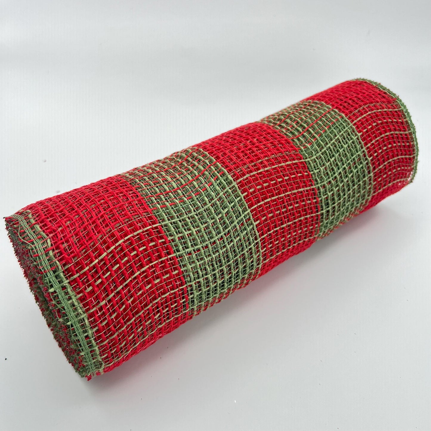 Red and Moss Green Check Wide Stripe Fabric Mesh 10.5” by 10 Yards, Olive Green Rustic Wreathmaking Supplies, Christmas Accent, RY831558