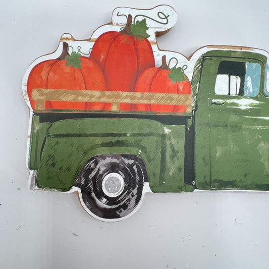 Olive Green Truck with Pumpkins MDF Sign: Fall Farmhouse Decor