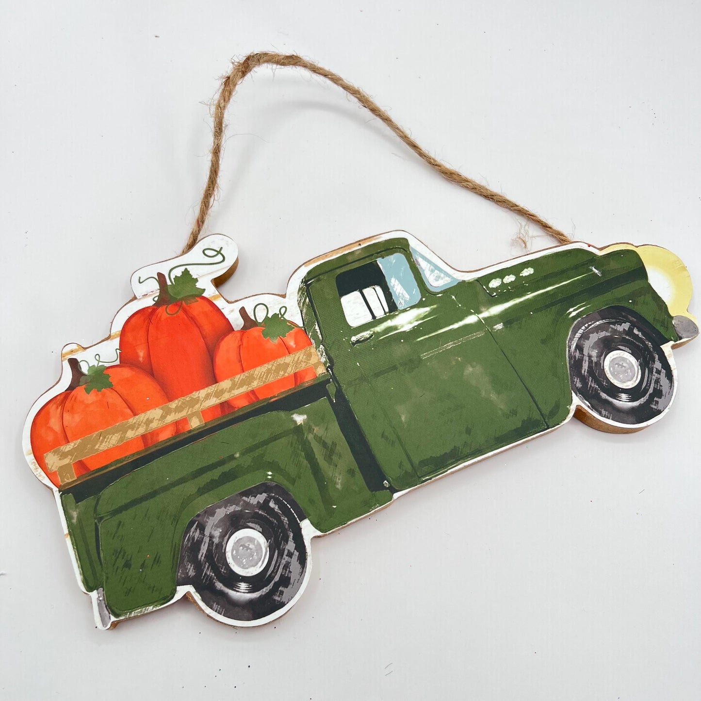 Olive Green Truck with Pumpkins MDF Sign: Fall Farmhouse Decor