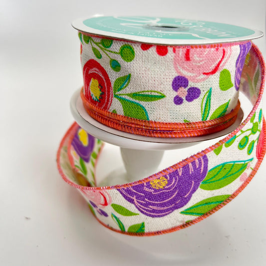 Floral Spring Ribbon: Purple & Pink Blooms, 1.5" x 10yd