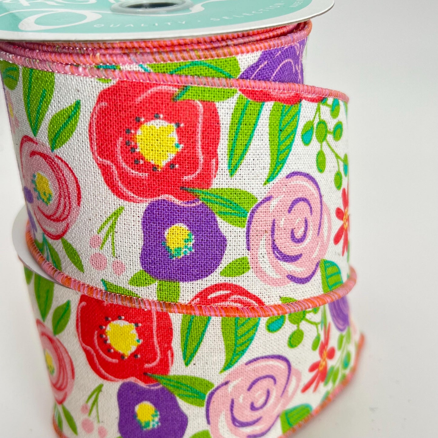 Floral Spring Ribbon: Purple, Pink & Coral Blooms - 2.5” x 10yd