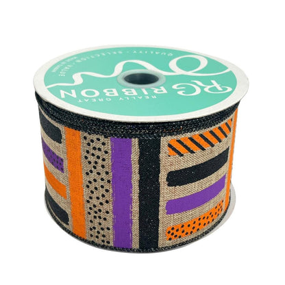 Halloween Wired Ribbon: Beige, Purple, Orange Glitter Brush Strokes (2.5" x 10yd)