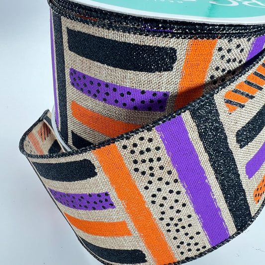 Halloween Wired Ribbon: Beige, Purple, Orange Glitter Brush Strokes (2.5" x 10yd)