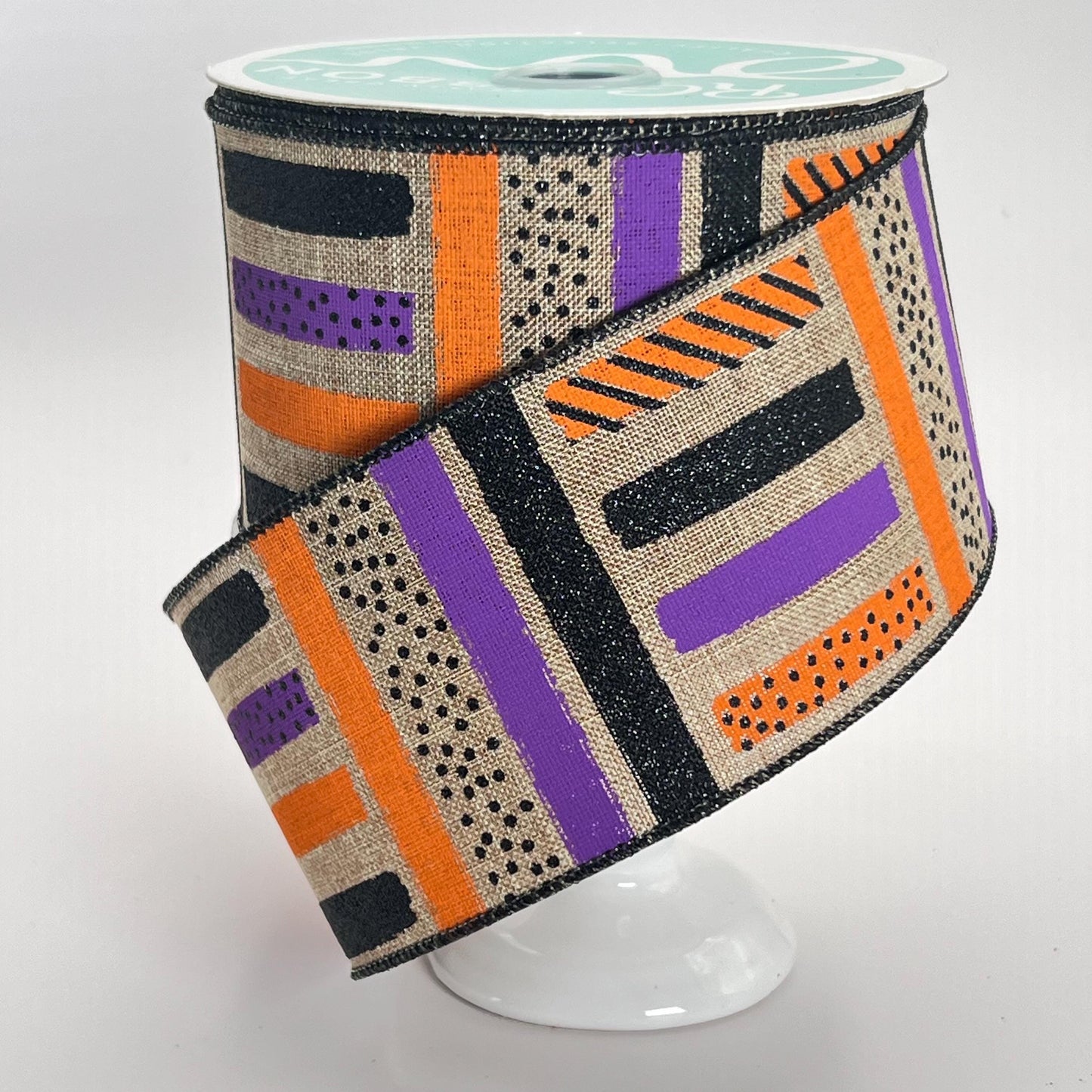 Halloween Wired Ribbon: Beige, Purple, Orange Glitter Brush Strokes (2.5" x 10yd)