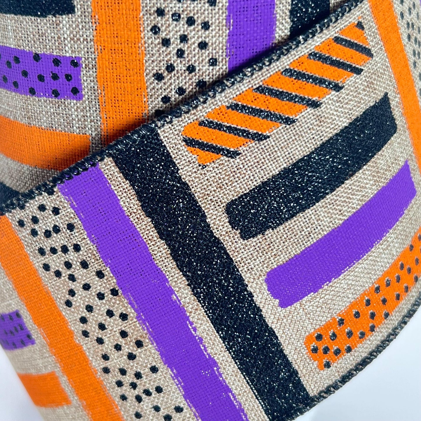 Halloween Wired Ribbon: Beige, Purple, Orange Glitter Brush Strokes (2.5" x 10yd)