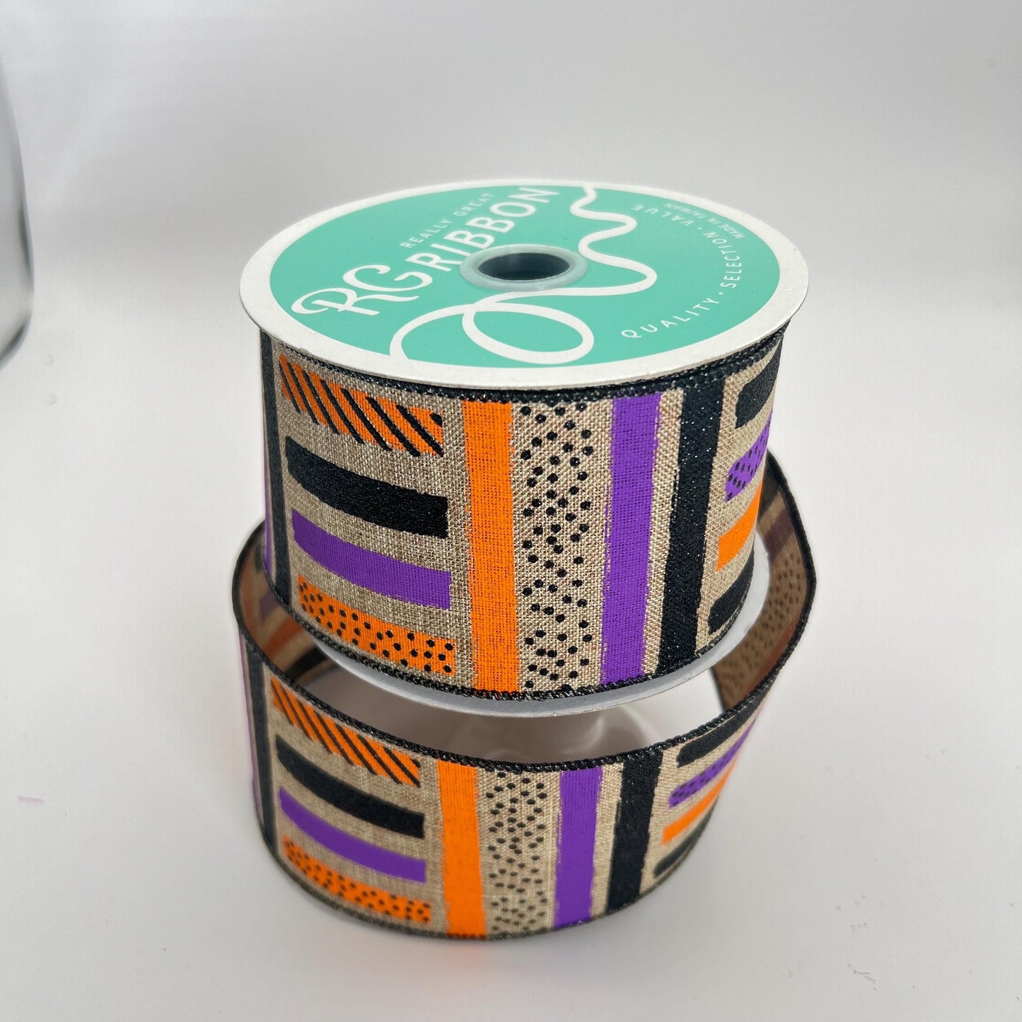 Halloween Wired Ribbon: Beige, Purple, Orange Glitter Brush Strokes (2.5" x 10yd)