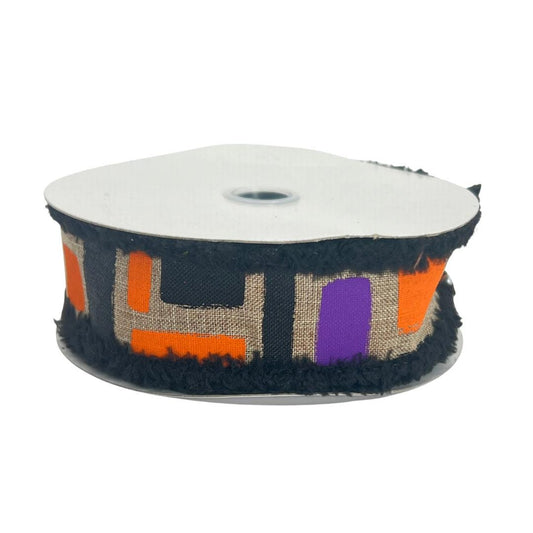 Halloween Wired Ribbon: Beige Brush Strokes with Black Chenille Edge