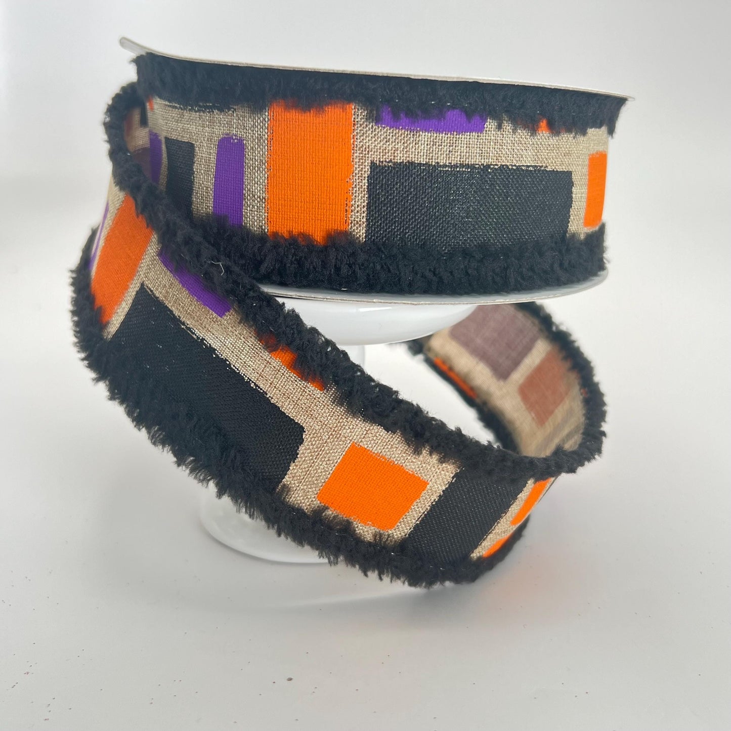 Halloween Wired Ribbon: Beige Brush Strokes with Black Chenille Edge