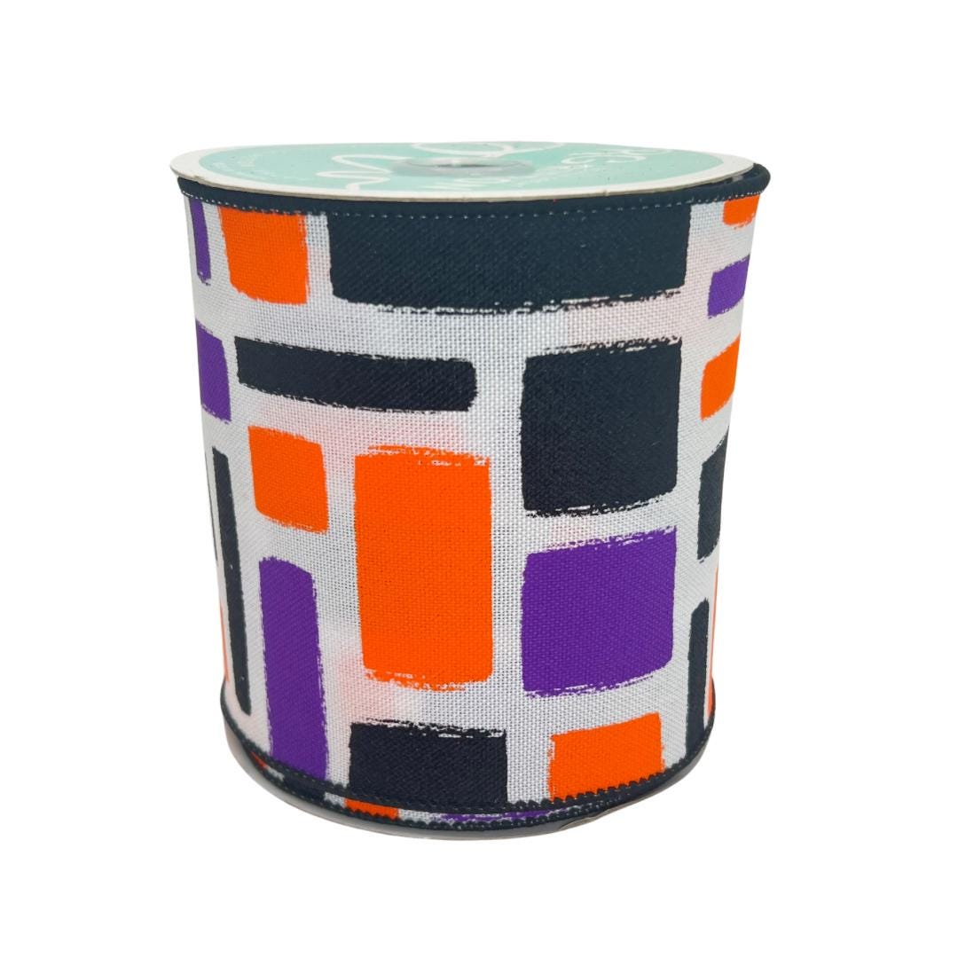 Halloween Wired Ribbon: Purple, Orange & Black Brush Strokes - 4" x 10yd