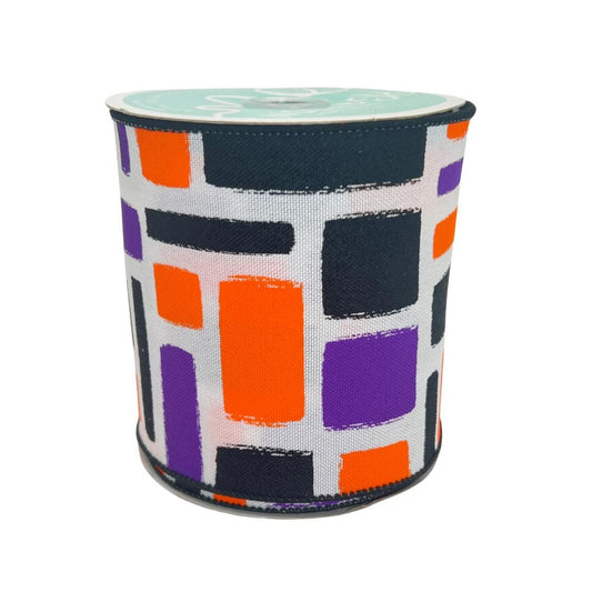 Halloween Wired Ribbon: Purple, Orange & Black Brush Strokes - 4" x 10yd
