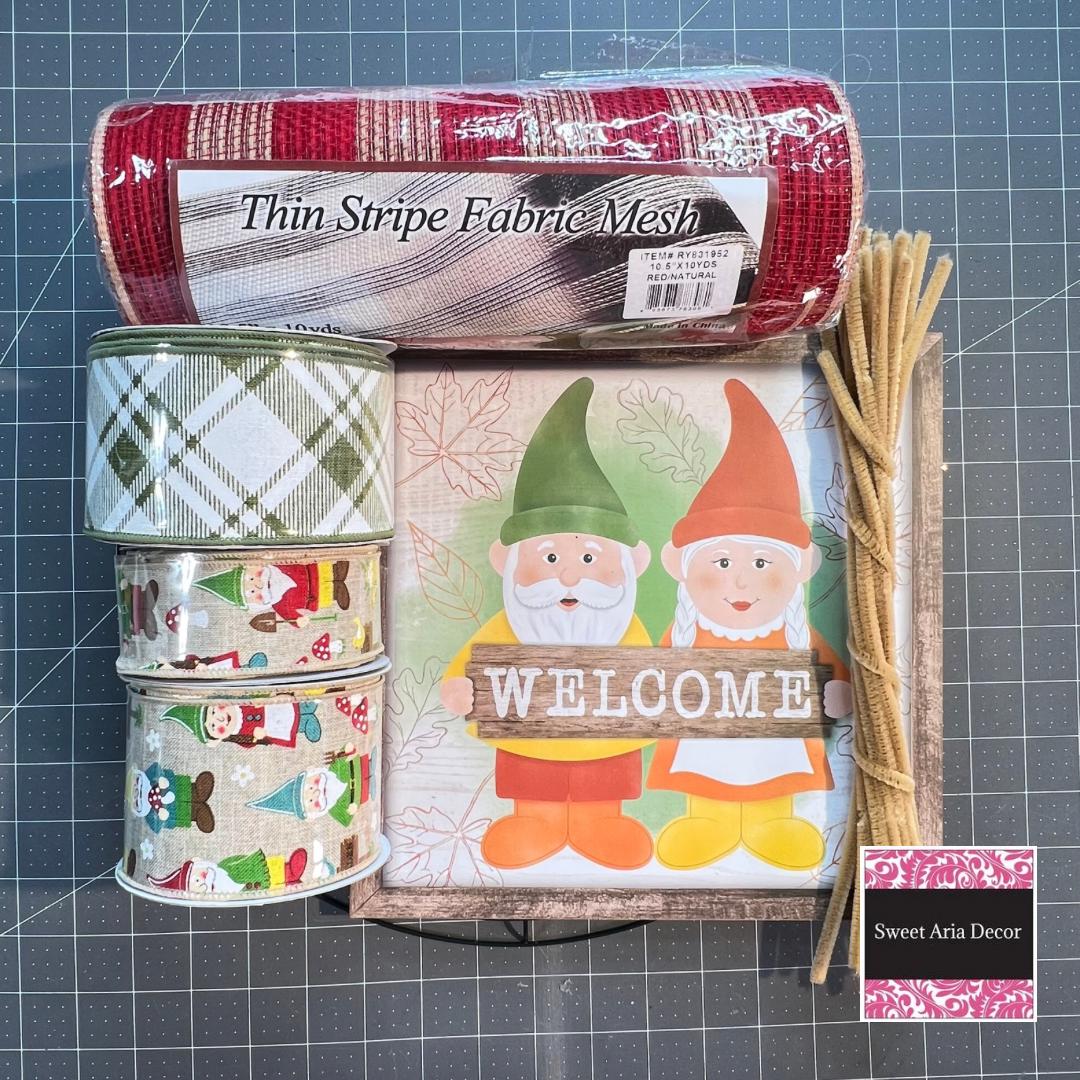 Fall Gnome Wreath Kit, Thin Harvest Gnome Wreath Kit, Do It Yourself Fall Wreath Kit, Red and Beige Gnome Ribbon Mesh and Sign Bundle