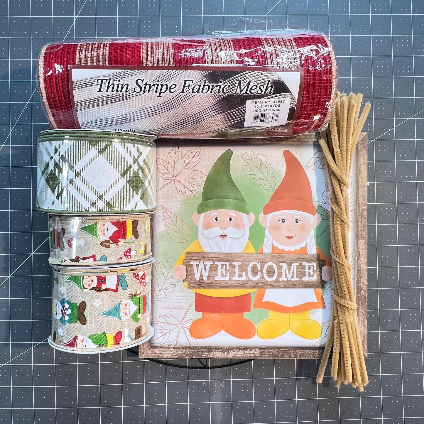 Fall Gnome Wreath Kit, Thin Harvest Gnome Wreath Kit, Do It Yourself Fall Wreath Kit, Red and Beige Gnome Ribbon Mesh and Sign Bundle