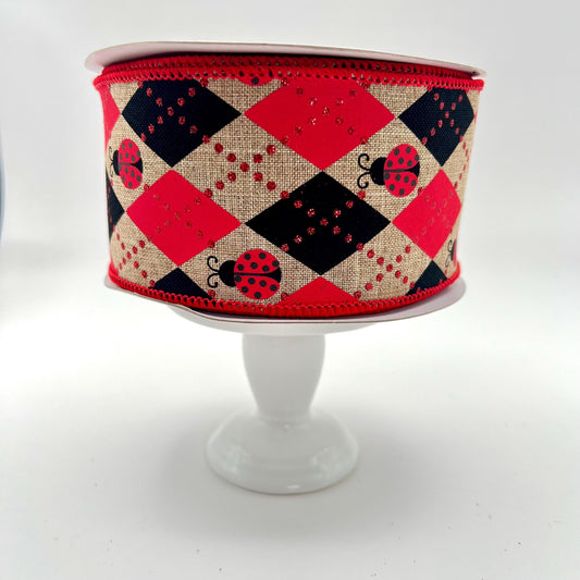 Ladybug Ribbon: Red and Black Argyle, Beige Wired Craft Ribbon (2.5" x 10 Yards)