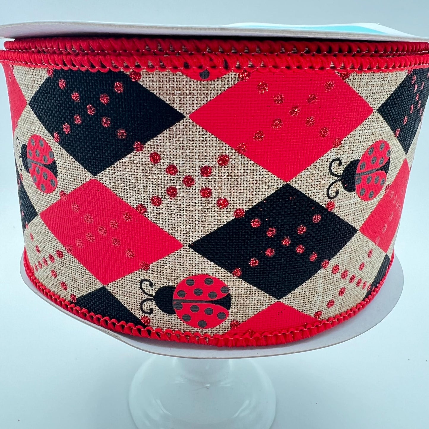 Ladybug Ribbon: Red and Black Argyle, Beige Wired Craft Ribbon (2.5" x 10 Yards)