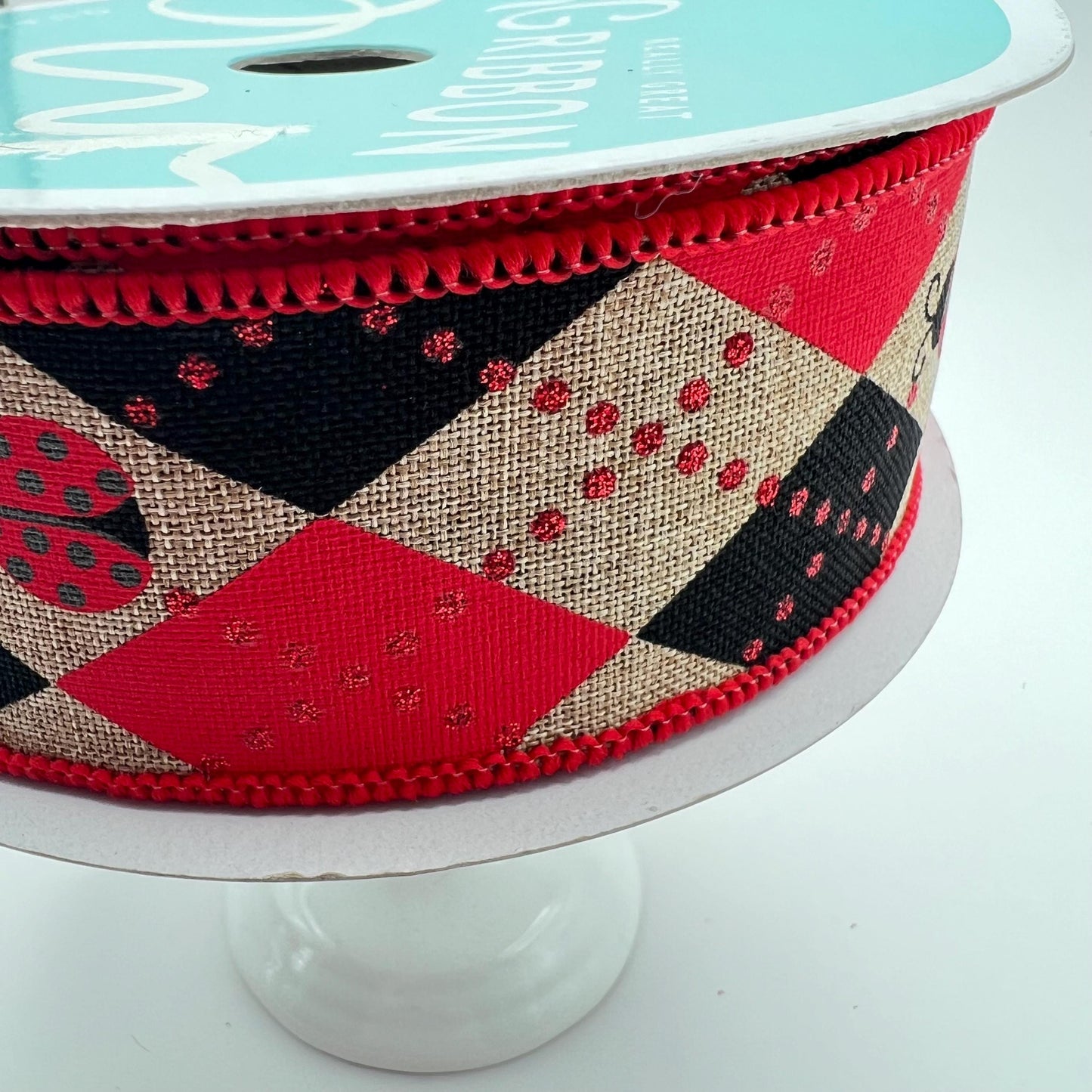 Ladybug Ribbon: Red, Black Argyle on Beige - 1.5" x 10 Yards