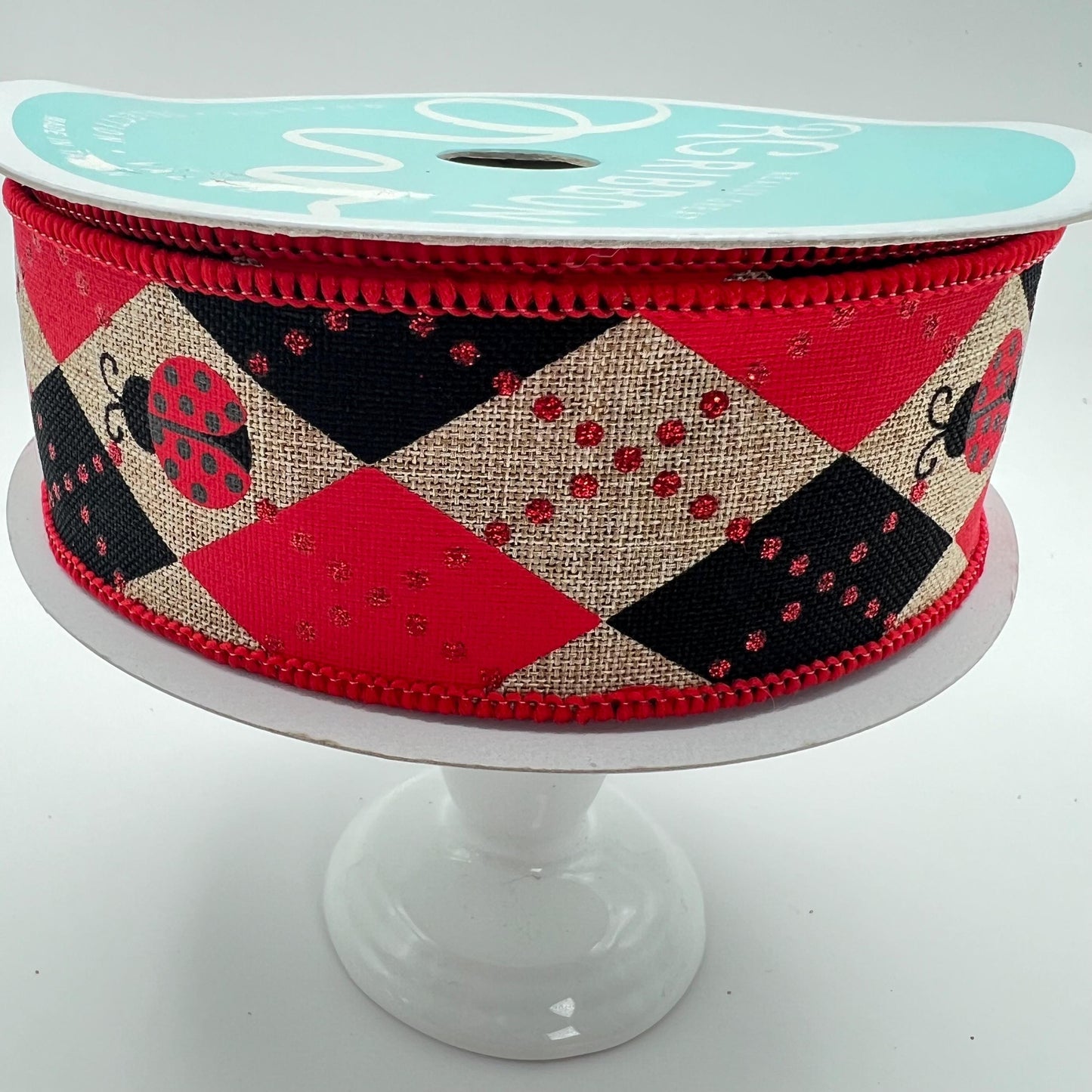 Ladybug Ribbon: Red, Black Argyle on Beige - 1.5" x 10 Yards