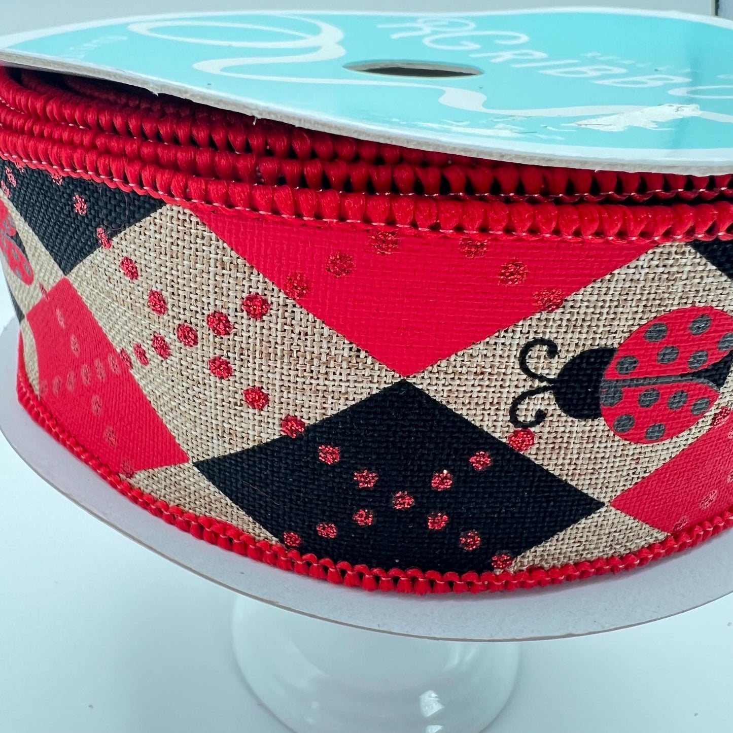 Ladybug Ribbon: Red, Black Argyle on Beige - 1.5" x 10 Yards