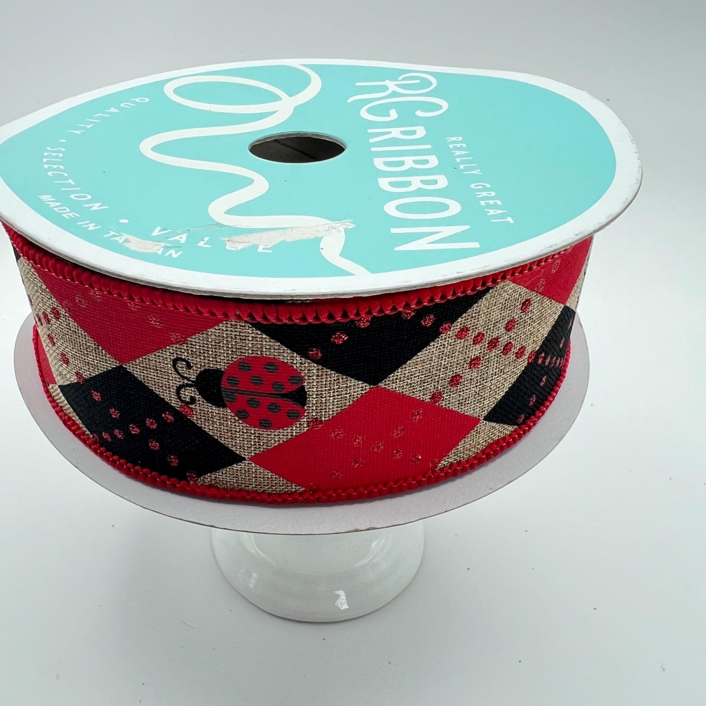 Ladybug Ribbon: Red, Black Argyle on Beige - 1.5" x 10 Yards