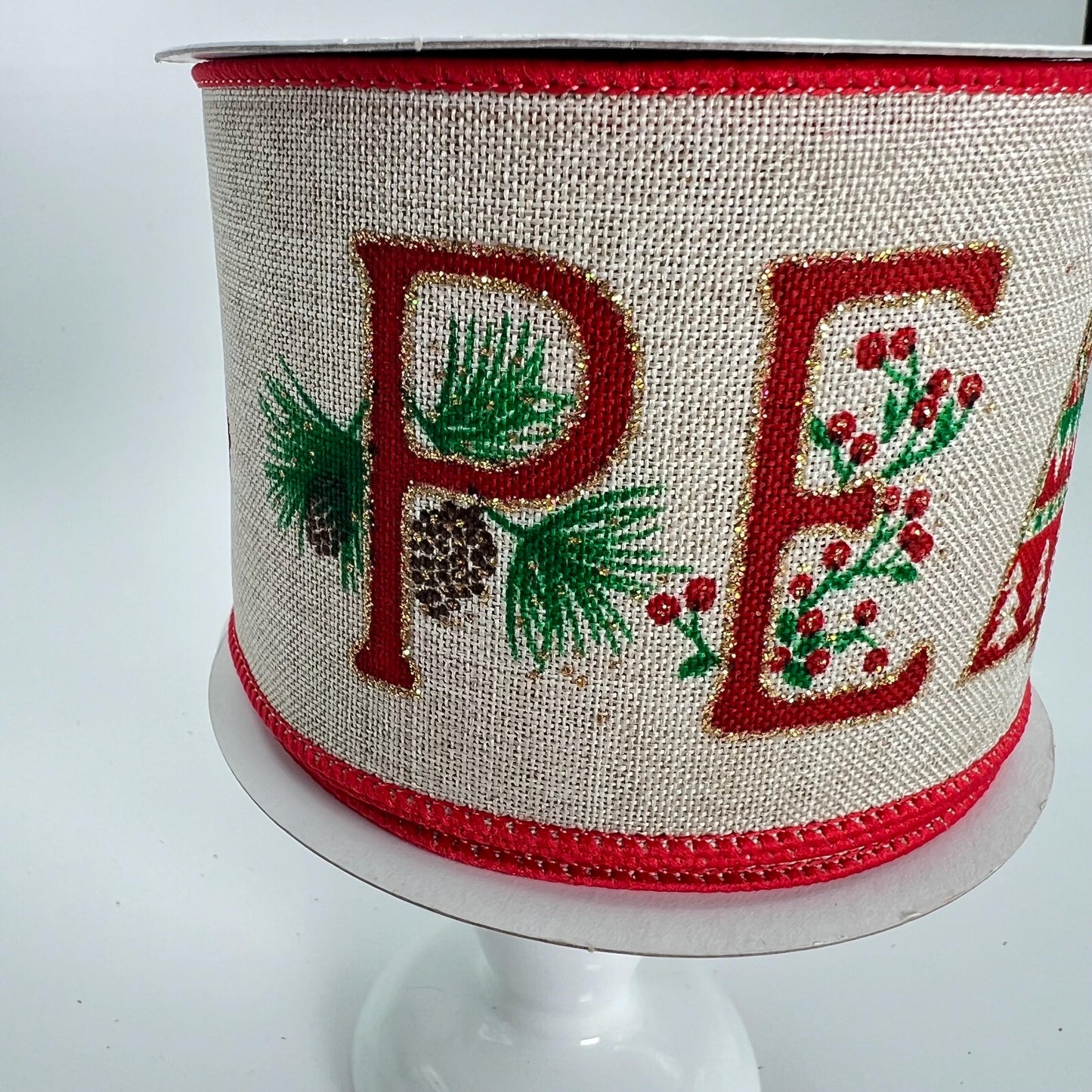 Christmas PEACE Ribbon: Rustic Beige Wired Ribbon, 2.5" x 10 Yards