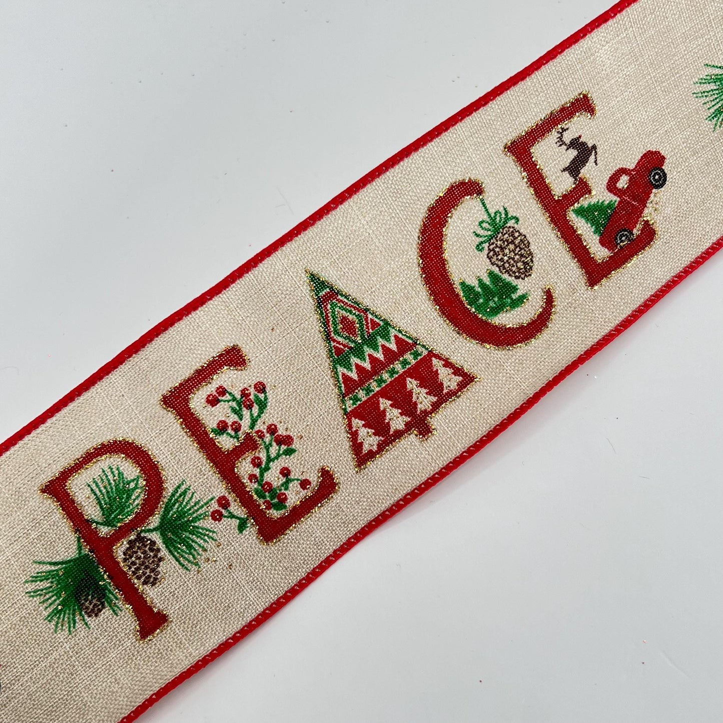 Christmas PEACE Ribbon: Rustic Beige Wired Ribbon, 2.5" x 10 Yards