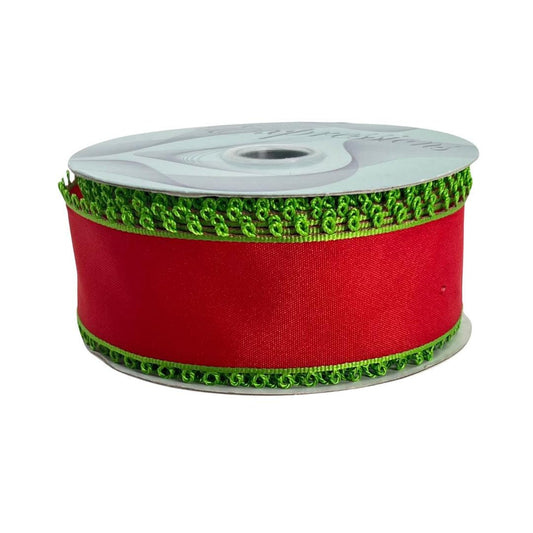 Red Wired Ribbon with Lime Green Picot Edge - 1.5" x 10 Yards