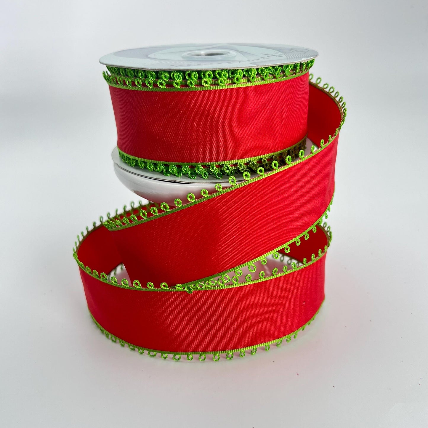 Red Wired Ribbon with Lime Green Picot Edge - 1.5" x 10 Yards