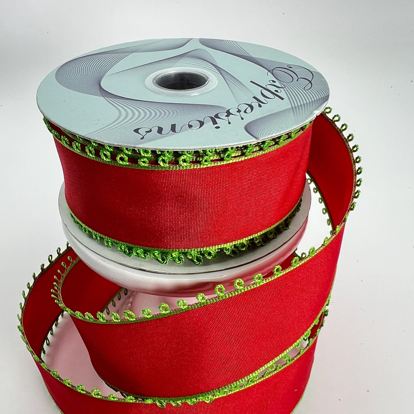 Red Wired Ribbon with Lime Green Picot Edge - 1.5" x 10 Yards