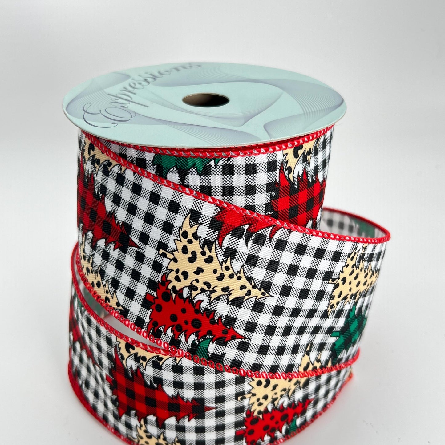 Checkered Christmas Tree Ribbon: Leopard & Plaid, Wired Edge (2.5" x 10 Yards)