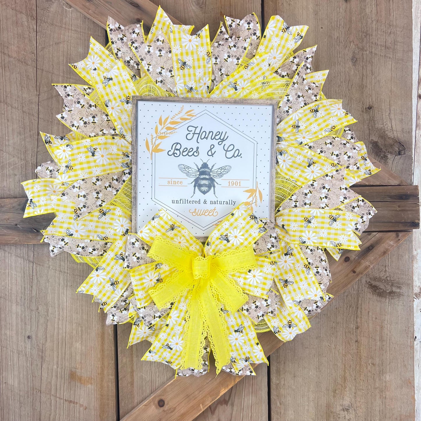 Honey Bee & Co Wreath Kit WITH VIDEO, Do It Yourself Thin Wreath Kit, Yellow and Beige Bee Ribbon Mesh Sign Bundle, DIY Spring Summer Decor