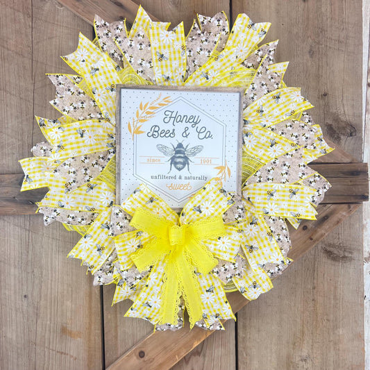 Honey Bee & Co Wreath Kit WITH VIDEO, Do It Yourself Thin Wreath Kit, Yellow and Beige Bee Ribbon Mesh Sign Bundle, DIY Spring Summer Decor