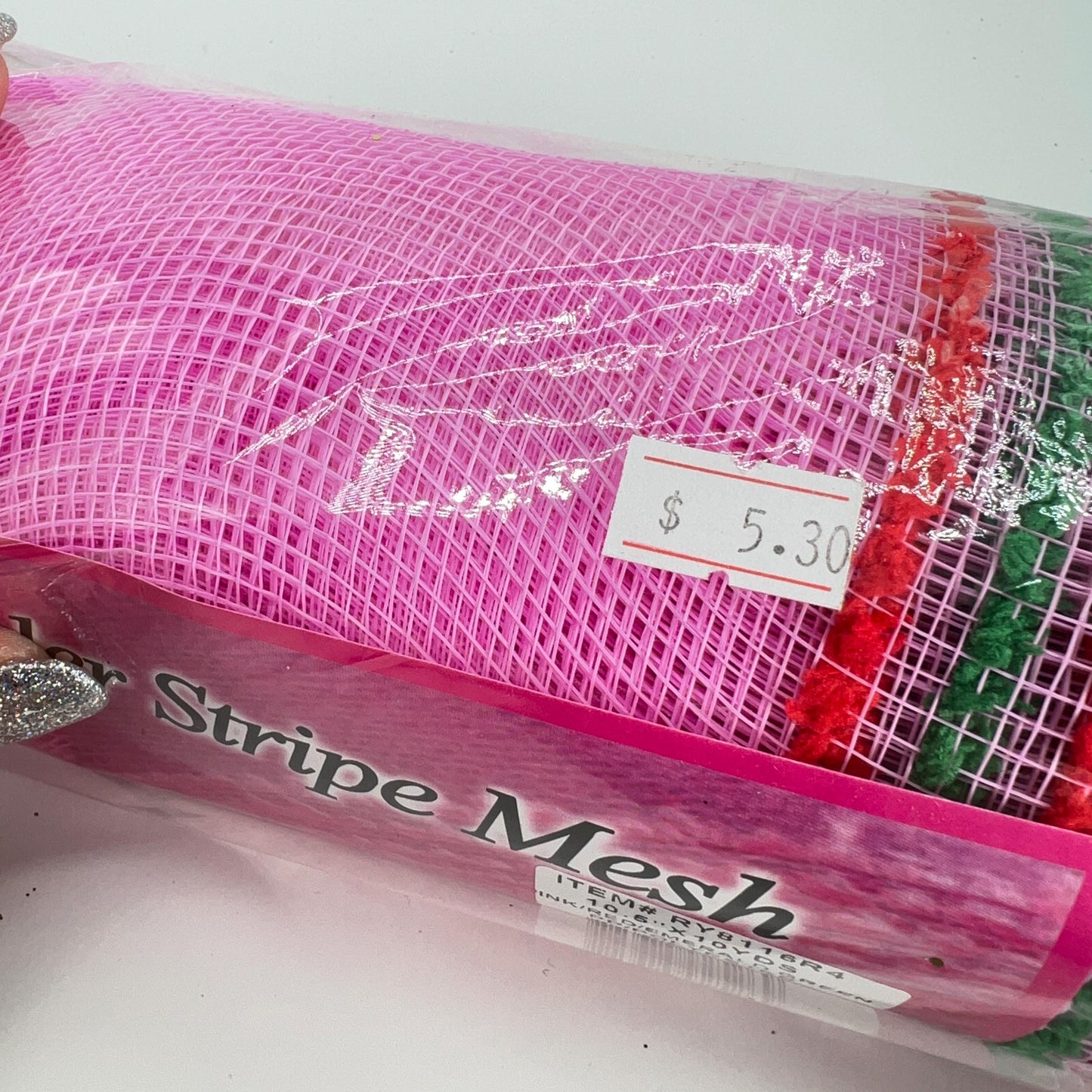 Pink Mesh with Red and Green Drift Edge Border 10.5” by 10 Yards, Wreathmaking Supplies, Trendy Christmas Tree Decorating Accent, RY8116R4