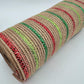 Beige Poly Jute Mesh Narrow Red Dark and Light Green Metallic Stripe 10.5” by 10 Yards, Wreathmaking Supplies, Christmas Accent, RY800726
