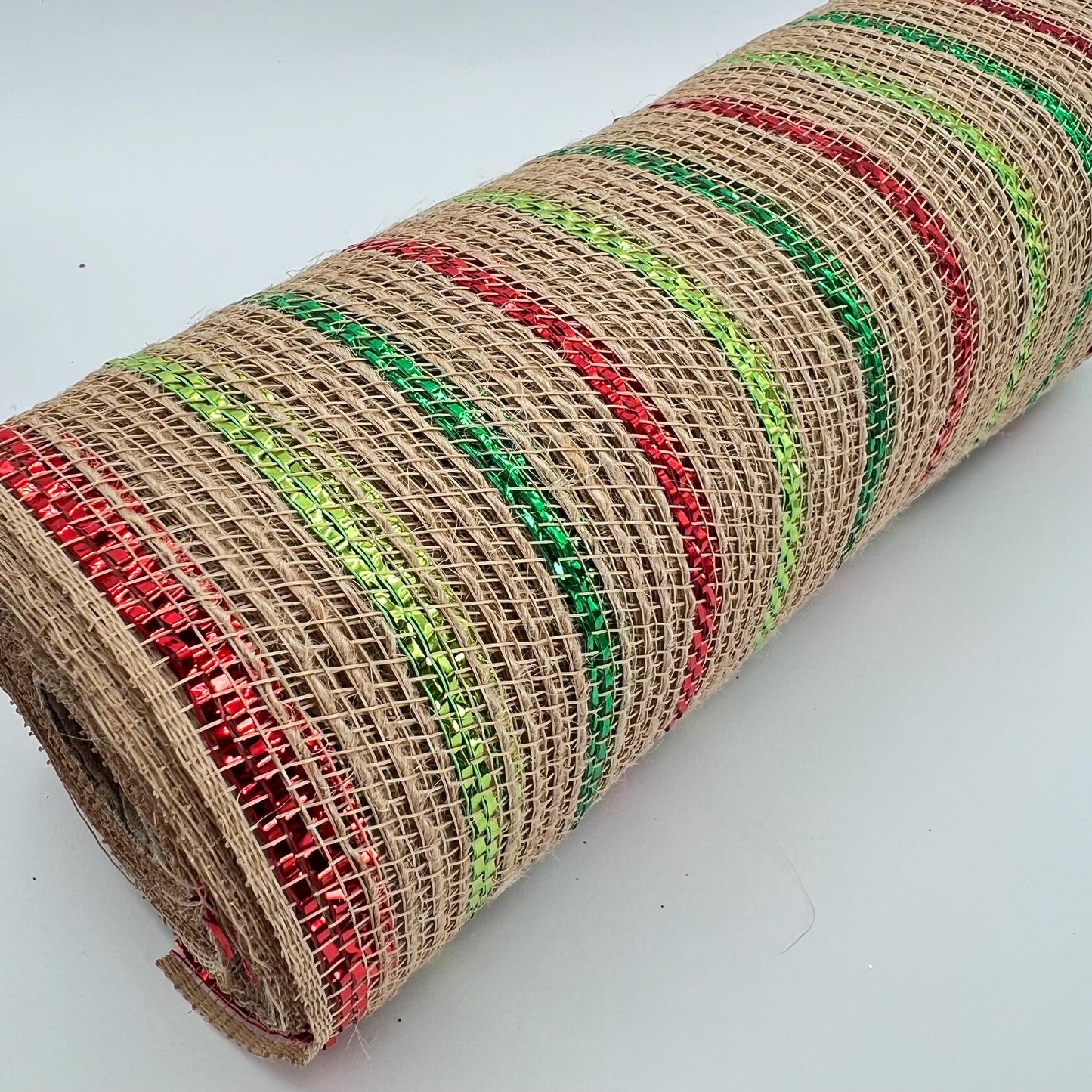 Beige Poly Jute Mesh Narrow Red Dark and Light Green Metallic Stripe 10.5” by 10 Yards, Wreathmaking Supplies, Christmas Accent, RY800726