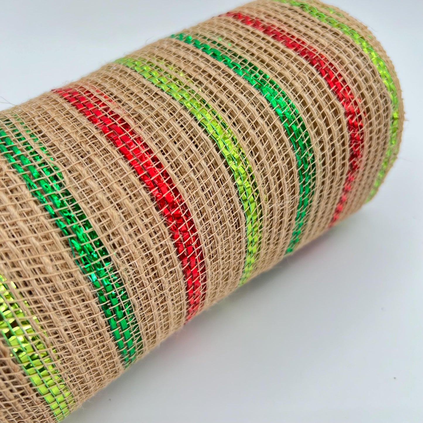 Beige Poly Jute Mesh Narrow Red Dark and Light Green Metallic Stripe 10.5” by 10 Yards, Wreathmaking Supplies, Christmas Accent, RY800726