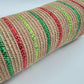 Beige Poly Jute Mesh Narrow Red Dark and Light Green Metallic Stripe 10.5” by 10 Yards, Wreathmaking Supplies, Christmas Accent, RY800726