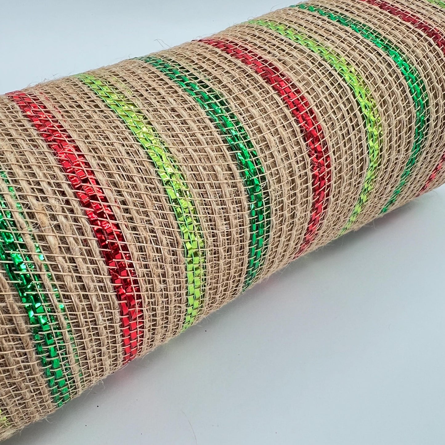 Beige Poly Jute Mesh Narrow Red Dark and Light Green Metallic Stripe 10.5” by 10 Yards, Wreathmaking Supplies, Christmas Accent, RY800726
