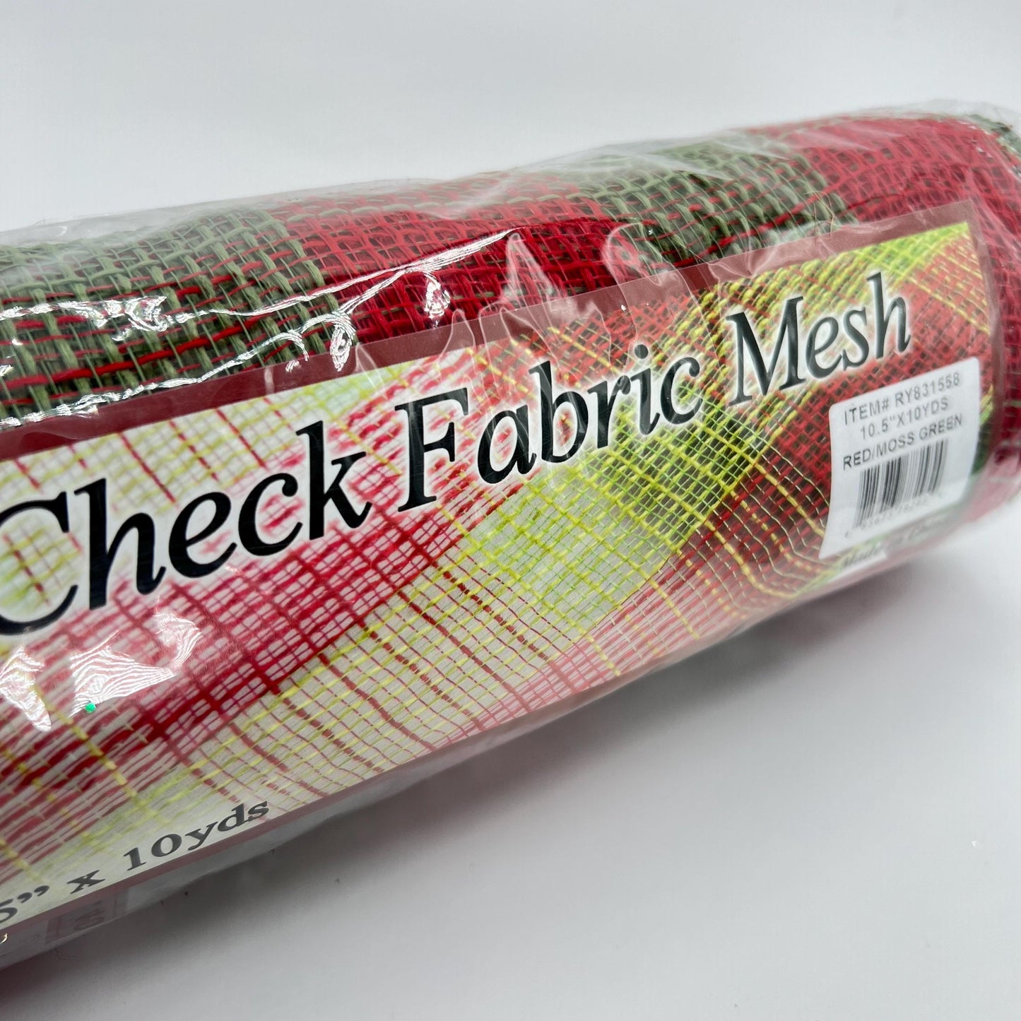 Red and Moss Green Check Wide Stripe Fabric Mesh 10.5” by 10 Yards, Olive Green Rustic Wreathmaking Supplies, Christmas Accent, RY831558
