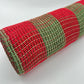Red and Moss Green Check Wide Stripe Fabric Mesh 10.5” by 10 Yards, Olive Green Rustic Wreathmaking Supplies, Christmas Accent, RY831558