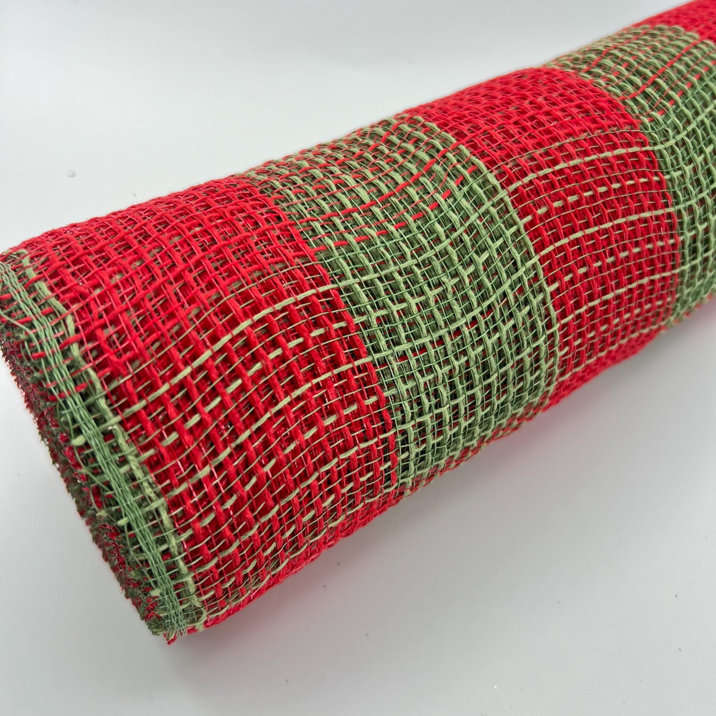 Red and Moss Green Check Wide Stripe Fabric Mesh 10.5” by 10 Yards, Olive Green Rustic Wreathmaking Supplies, Christmas Accent, RY831558