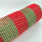 Red and Moss Green Check Wide Stripe Fabric Mesh 10.5” by 10 Yards, Olive Green Rustic Wreathmaking Supplies, Christmas Accent, RY831558