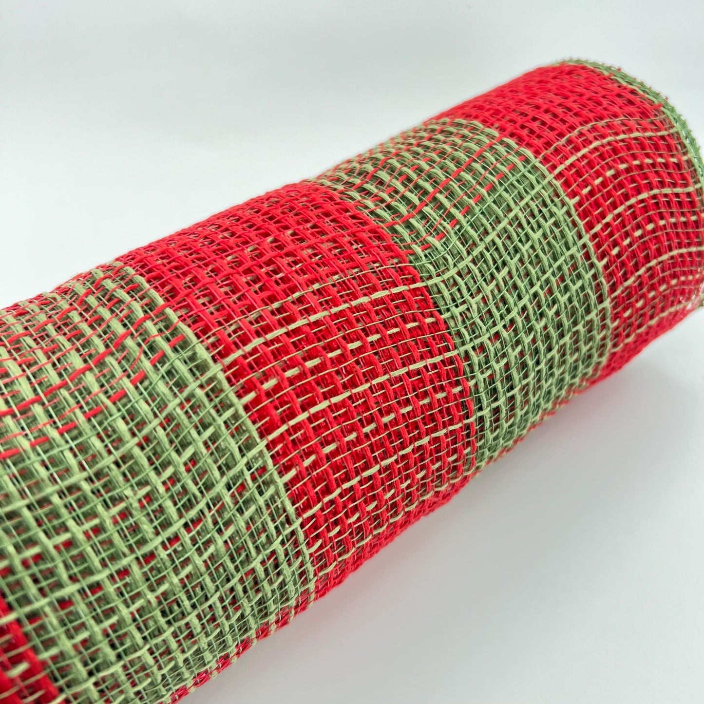 Red and Moss Green Check Wide Stripe Fabric Mesh 10.5” by 10 Yards, Olive Green Rustic Wreathmaking Supplies, Christmas Accent, RY831558