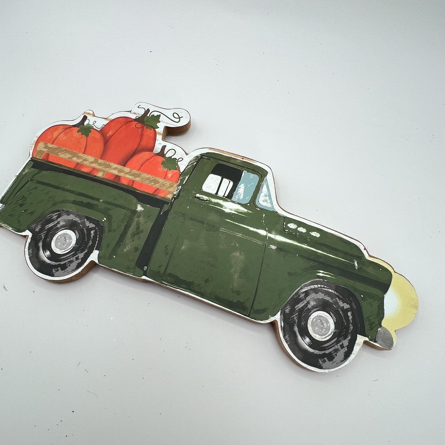 Olive Green Truck with Pumpkins MDF Sign: Fall Farmhouse Decor