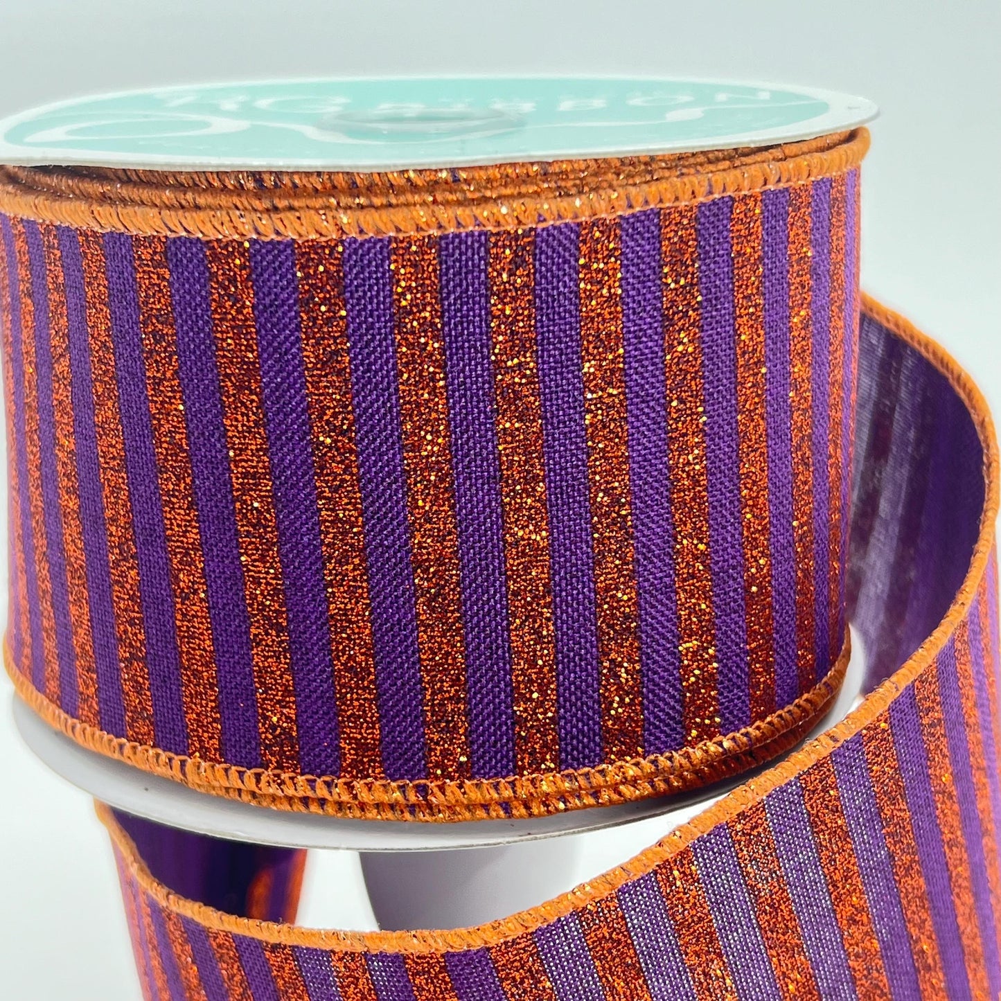 Halloween Wired Ribbon: Purple with Orange Glitter Stripe (2.5" x 10yd)