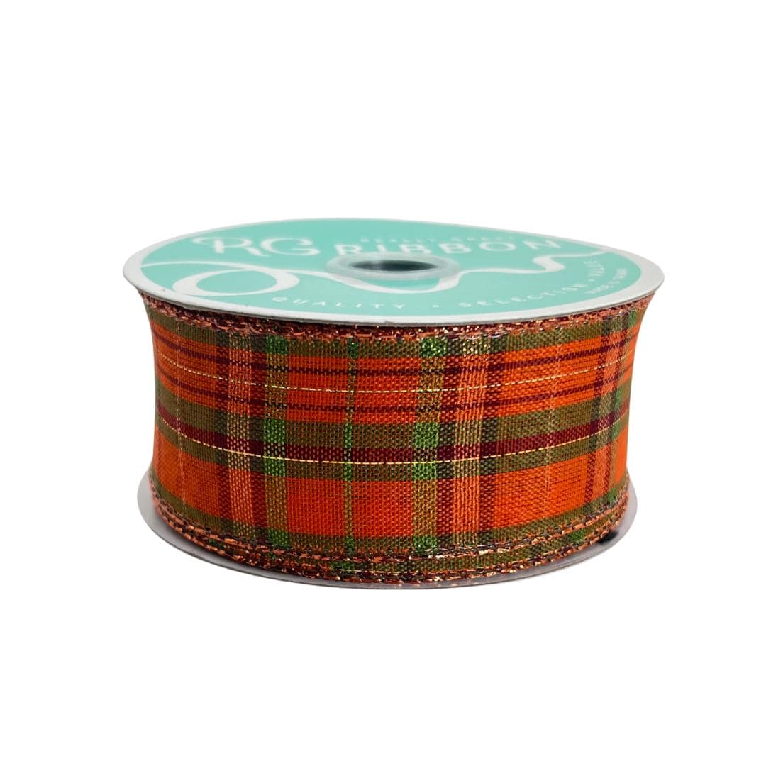 Fall Plaid Wired Ribbon: Orange, Moss Green & Burgundy Metallic - 1.5" x 10yd