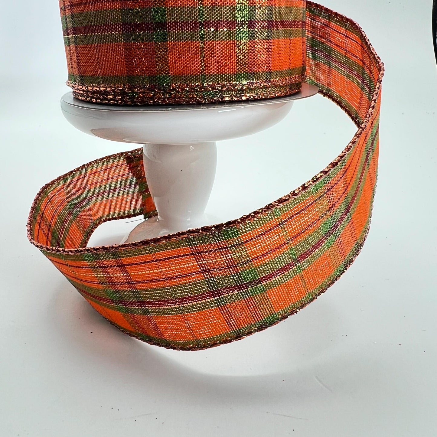 Fall Plaid Wired Ribbon: Orange, Moss Green & Burgundy Metallic - 1.5" x 10yd