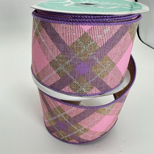 Pink & Lavender Plaid Wired Ribbon: 2.5" x 10yd Easter Wreath Supply
