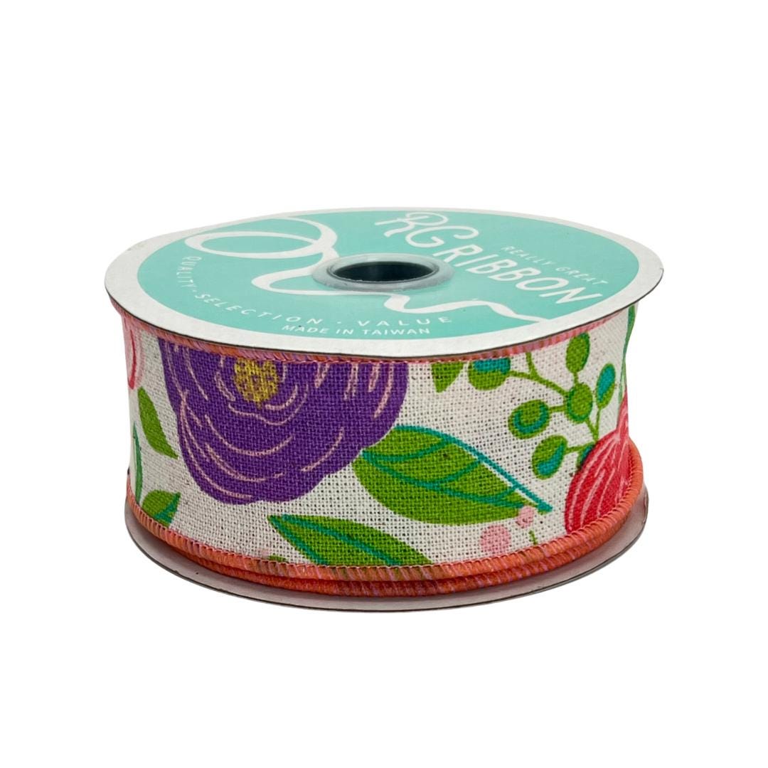 Floral Spring Ribbon: Purple & Pink Blooms, 1.5" x 10yd