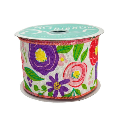 Floral Spring Ribbon: Purple, Pink & Coral Blooms - 2.5” x 10yd