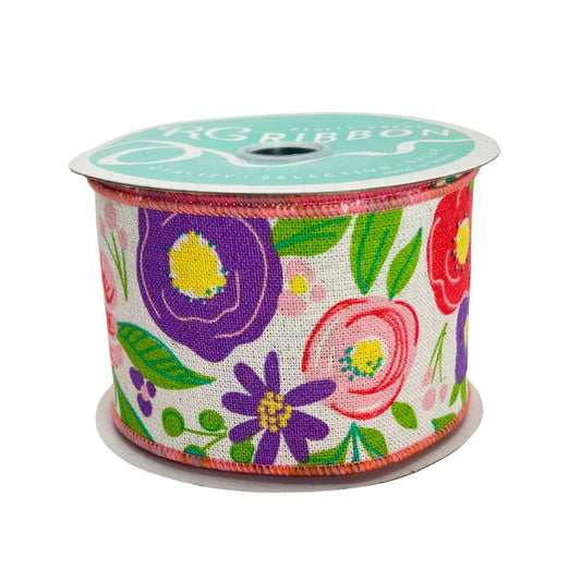 Floral Spring Ribbon: Purple, Pink & Coral Blooms - 2.5” x 10yd