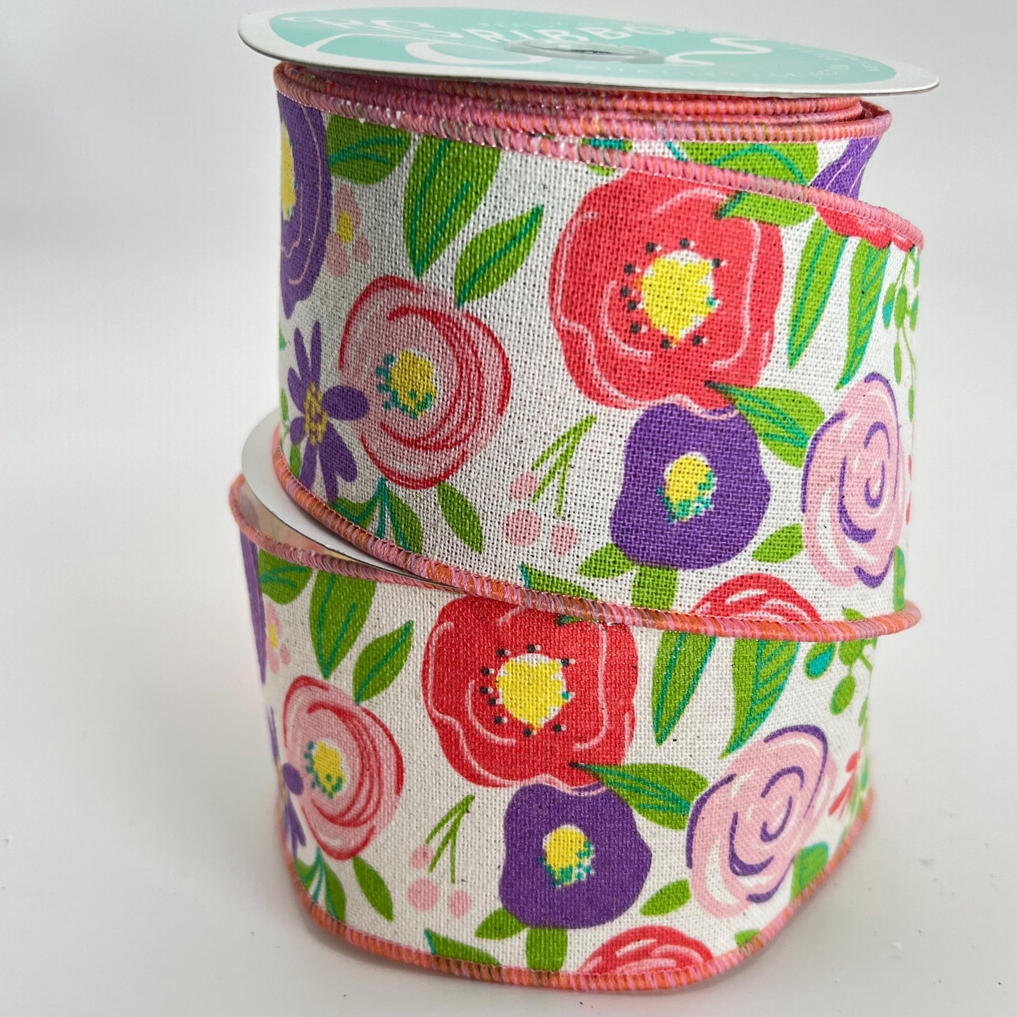 Floral Spring Ribbon: Purple, Pink & Coral Blooms - 2.5” x 10yd